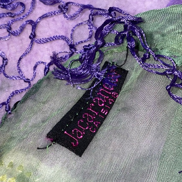 Jacaranda Purple Green and Yellow Tie Dye Sheer Scarf with Gold Accents - Picture 4 of 4